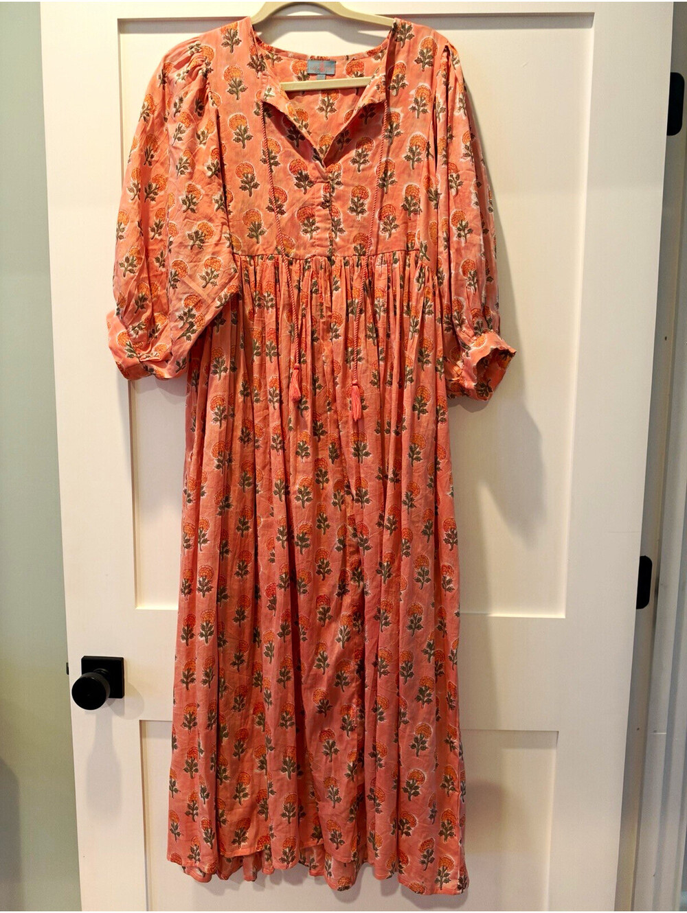 Ella Grey Women's Block Print Midi Dress 3/4 Puff Sleeve with pockets Size M